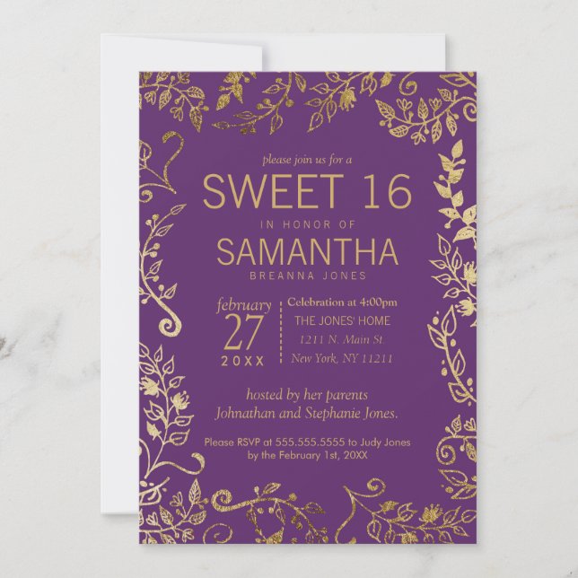 Elegant Purple and Gold Floral Sweet 16 Invite (Front)