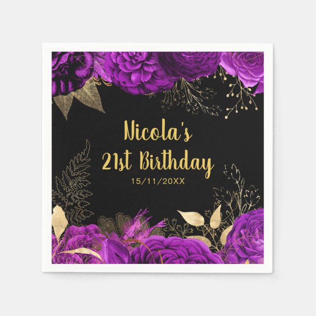 Elegant Purple and Gold Flowers Birthday Party Napkin (Front)