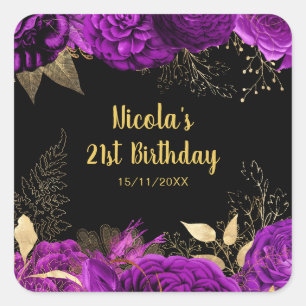 Elegant Purple and Gold Flowers Birthday Party Square Sticker