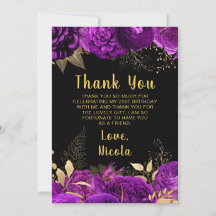 Elegant Purple and Gold Flowers Birthday Party Thank You Card