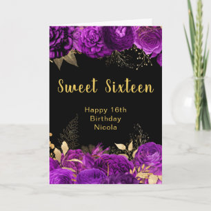 Elegant Purple and Gold Flowers Sweet Sixteen Card