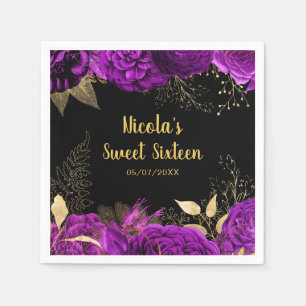Elegant Purple and Gold Flowers Sweet Sixteen Napkin