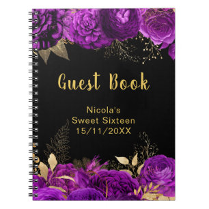 Elegant Purple and Gold Flowers Sweet Sixteen Notebook