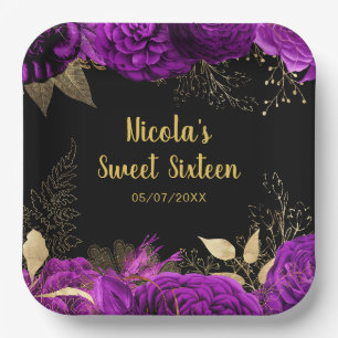 Elegant Purple and Gold Flowers Sweet Sixteen Paper Plate