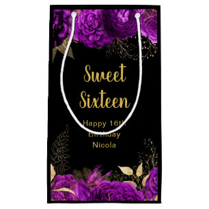 Elegant Purple and Gold Flowers Sweet Sixteen  Small Gift Bag