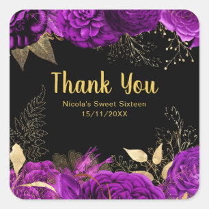 Elegant Purple and Gold Flowers Sweet Sixteen  Square Sticker