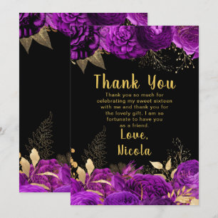 Elegant Purple and Gold Flowers Sweet Sixteen Thank You Card