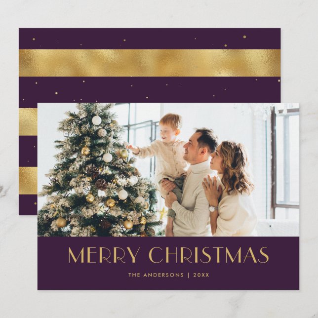 Elegant Purple and Gold Foil Photo Christmas Cards (Front/Back)