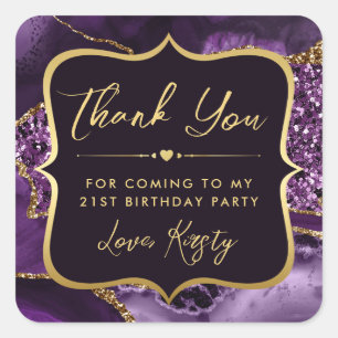 Elegant Purple and Gold Glitter Agate Birthday Square Sticker