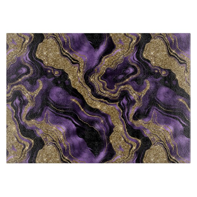 Elegant Purple and Gold Glitter Agate Pattern Cutting Board (Front)