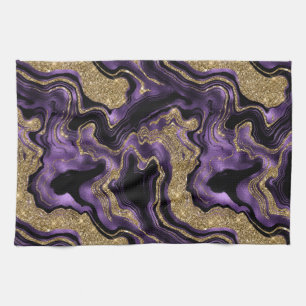 Elegant Purple and Gold Glitter Agate Pattern Kitchen Towel