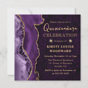 Elegant Purple and Gold Glitter Agate Quinceanera Invitation
