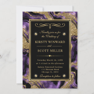 Elegant Purple and Gold Glitter Agate Wedding Invitation