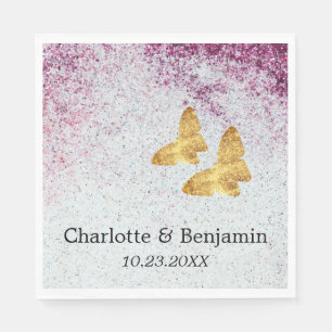 Elegant Purple And Gold Glitter Butterfly Wedding Napkin