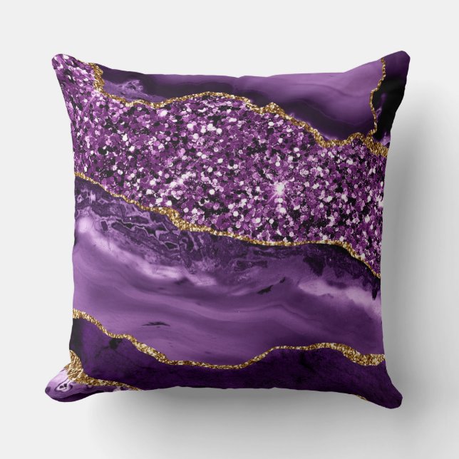 Elegant Purple and Gold Glitter Ocean Agate Throw Pillow (Front)
