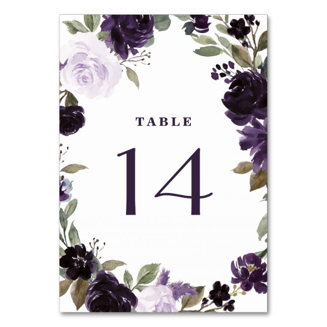 Elegant Purple and Gold Green Leaf Floral Wedding Table Number (Front)