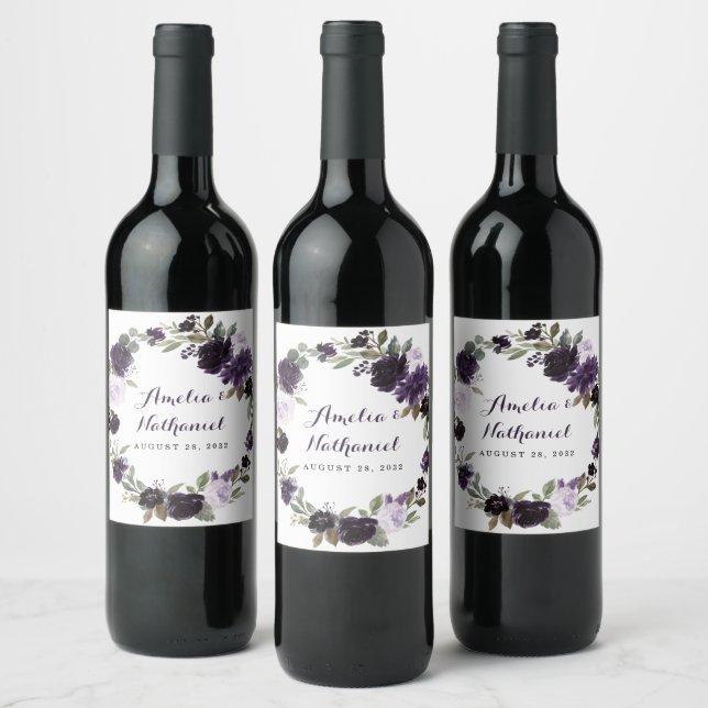 Elegant Purple and Gold Green Leaf Floral Wedding Wine Label (Bottles)