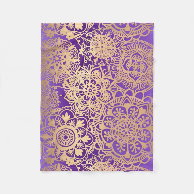 Elegant Purple and Gold Mandala Pattern Fleece Blanket (Front)