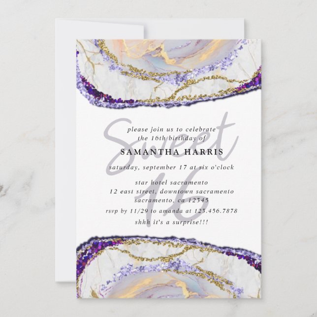 Elegant Purple And Gold Marble 16th Birthday Party Invitation (Front)