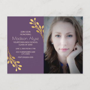 Elegant Purple and Gold Photo Graduation Party Invitation Postcard