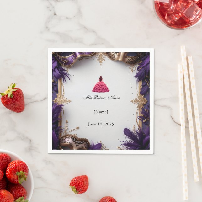 Elegant Purple and Gold Quinceañera Party Napkin (Insitu)