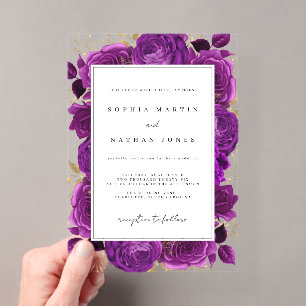 Elegant Purple And Gold Rose Clear Wedding Acrylic Invitations