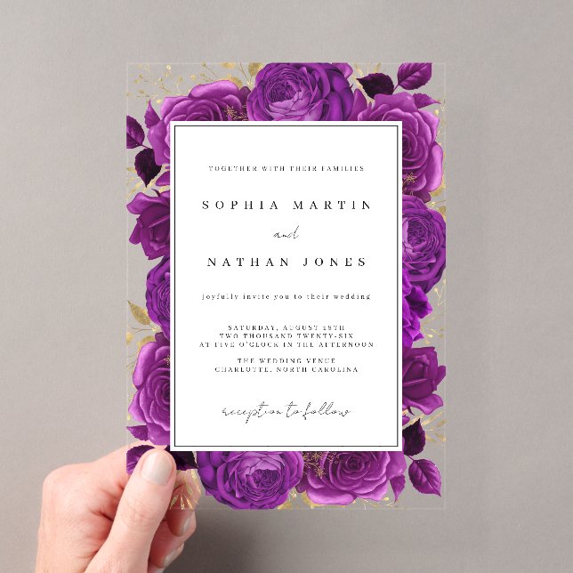 Elegant Purple And Gold Rose Clear Wedding Acrylic Invitations (Insitu (Handheld))