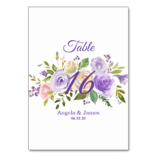 Elegant Purple and Gold Watercolor Floral Wedding Table Number