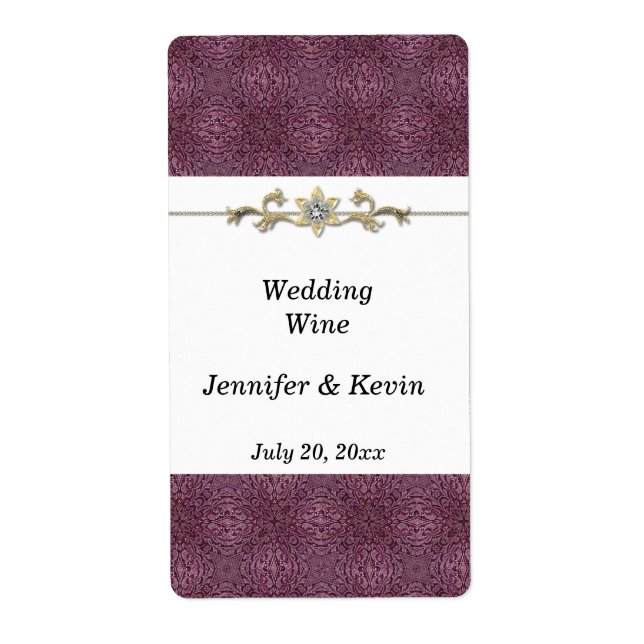 Elegant Purple and Gold Wedding Wine Label (Front)