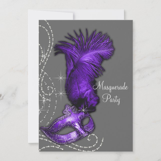 Elegant Purple and Grey Masquerade Party Invitation (Front)