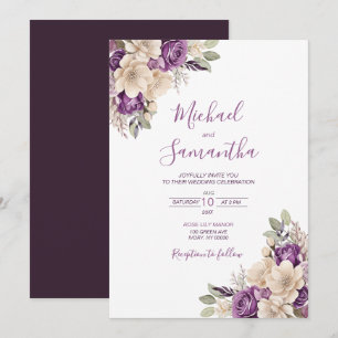 Elegant Purple and Ivory Rose Wedding Invitation