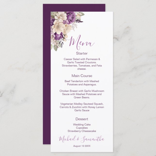 Elegant Purple and Ivory Rose Wedding Menu (Front/Back)