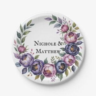 Elegant Purple and Magenta Peony Bouquet Wedding Paper Plate