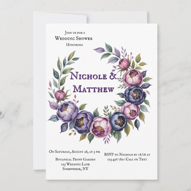 Elegant Purple and Magenta Peony Couples Shower Invitation (Front)