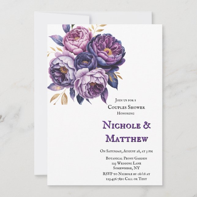 Elegant Purple and Magenta Peony Couples Shower Invitation (Front)
