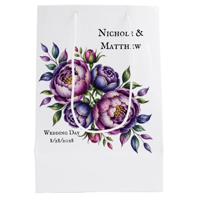 Elegant Purple and Magenta Peony Wedding Date Medium Gift Bag (Back)