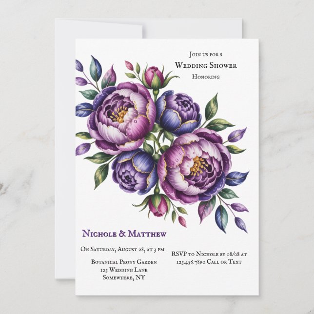 Elegant Purple and Magenta Peony Wedding Shower Invitation (Front)