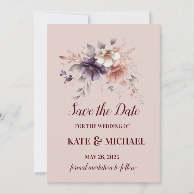 Elegant Purple and Peach Blush Floral Wedding Save The Date (Front)
