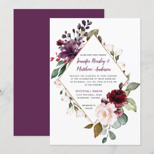 Elegant Purple and Red Floral Framed Wedding Invitation