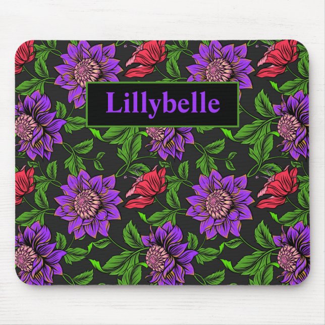 Elegant Purple And Red Flower Black Background Mou Mouse Pad (Front)