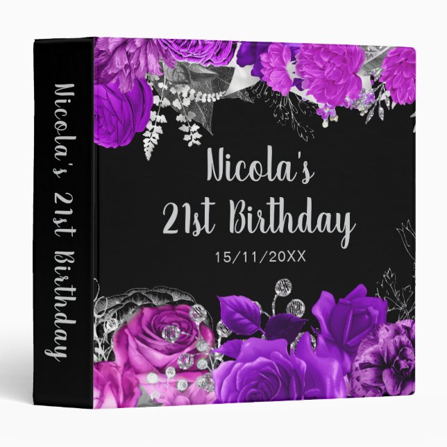 Elegant Purple and Silver Flowers Birthday Party  Binder (Front/Spine)