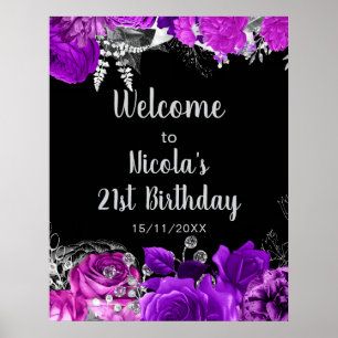 Elegant Purple and Silver Flowers Birthday Party Poster