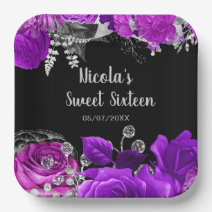 Elegant Purple and Silver Flowers Sweet Sixteen Paper Plate