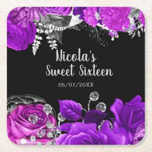 Elegant Purple and Silver Flowers Sweet Sixteen Square Paper Coaster