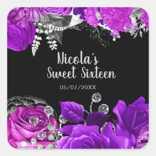 Elegant Purple and Silver Flowers Sweet Sixteen Square Sticker