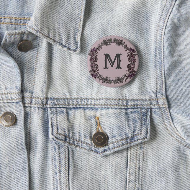 Elegant Purple and Silver Framed Monogram  2 Inch Round Button (In Situ)