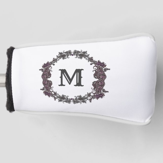 Elegant Purple and Silver Framed Monogram  Golf Head Cover (Front)