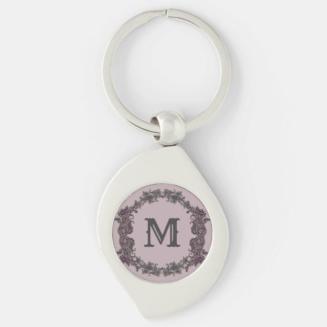 Elegant Purple and Silver Framed Monogram  Keychain (Front)