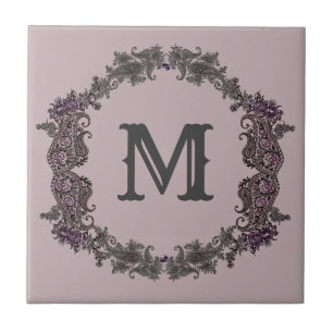 Elegant Purple and Silver Framed Monogram  Tile