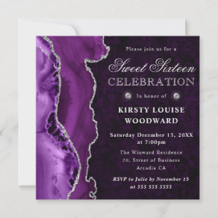 Elegant Purple and Silver Glitter Agate Sweet 16 Invitation